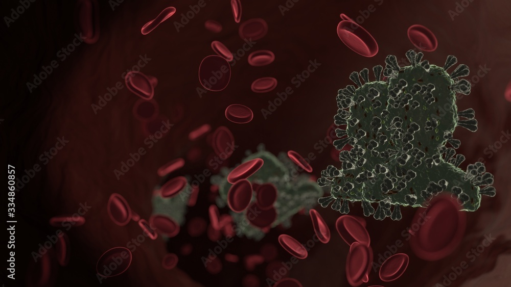 Poster microscopic 3d rendering view of virus shaped as symbol of users inside vein with red blood cells