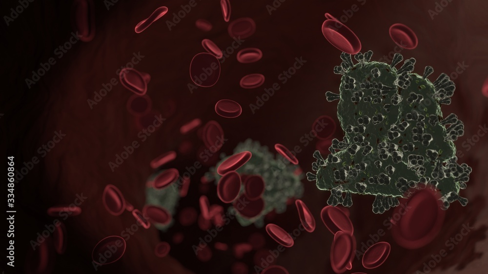 Poster microscopic 3d rendering view of virus shaped as symbol of users inside vein with red blood cells