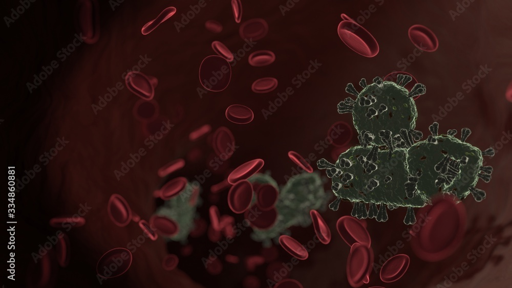 Poster microscopic 3d rendering view of virus shaped as symbol of user shield inside vein with red blood ce