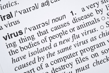 Virus word meaning and definition text in English dictionary, Close up text of virus word