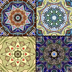 Collection of ornamental ceramic tiles with mandalas. Ethnic motifs.