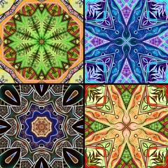 Collection of bright ceramic tiles. Set of square ornament patterns. Drawing by colored pencils.