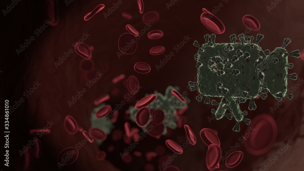 Poster microscopic 3d rendering view of virus shaped as symbol of video camera inside vein with red blood c