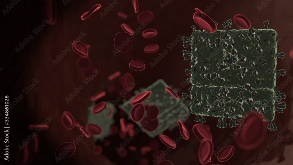 Poster microscopic 3d rendering view of virus shaped as symbol of video player inside vein with red blood c