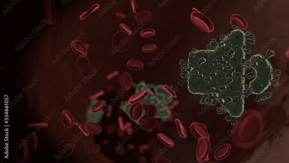 Poster microscopic 3d rendering view of virus shaped as symbol of volume down inside vein with red blood ce