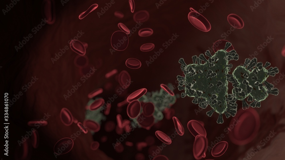 Poster microscopic 3d rendering view of virus shaped as symbol of volume mute inside vein with red blood ce