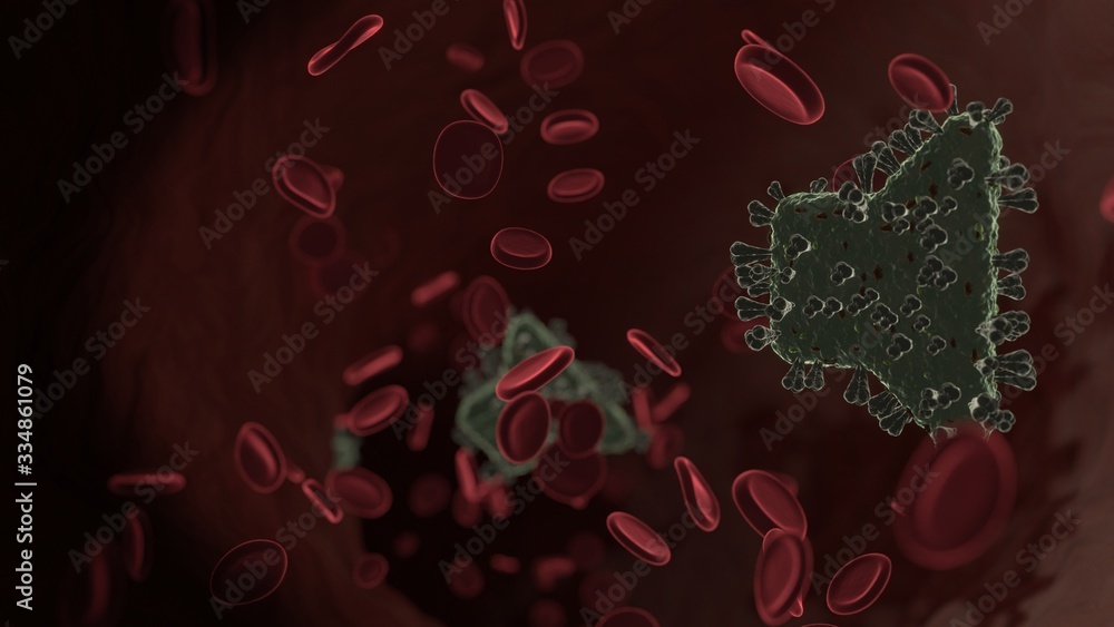 Poster microscopic 3d rendering view of virus shaped as symbol of volume off inside vein with red blood cel