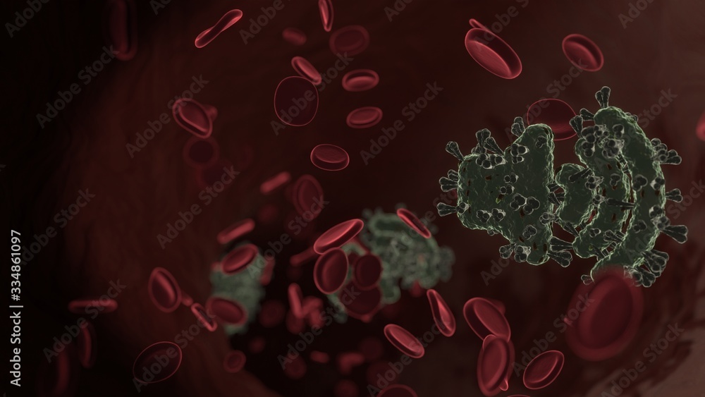 Poster microscopic 3d rendering view of virus shaped as symbol of volume up inside vein with red blood cell