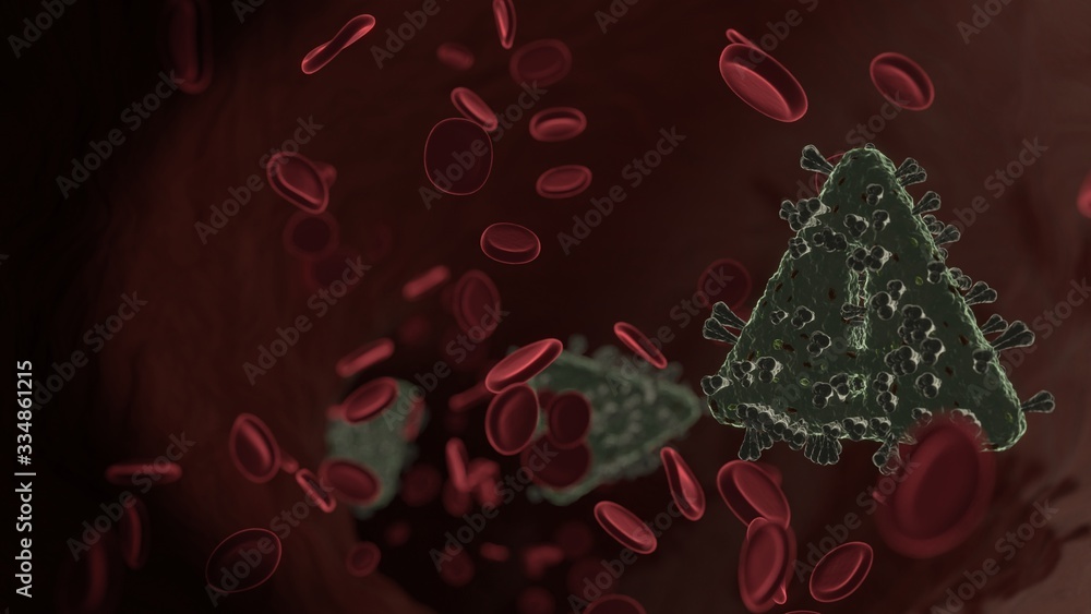 Poster microscopic 3d rendering view of virus shaped as symbol of warning inside vein with red blood cells