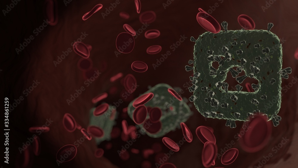 Poster microscopic 3d rendering view of virus shaped as symbol of weather inside vein with red blood cells