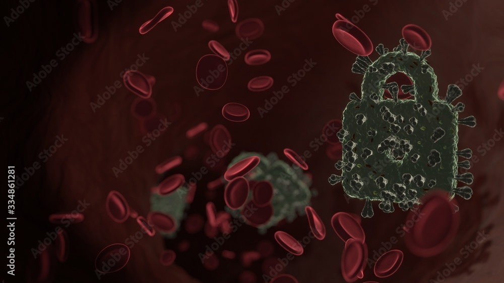 Poster microscopic 3d rendering view of virus shaped as symbol of web inside vein with red blood cells