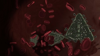 microscopic 3D rendering view of virus shaped as symbol of warning  inside vein with red blood cells