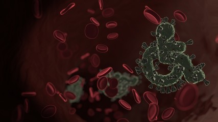 microscopic 3D rendering view of virus shaped as symbol of wheelchair inside vein with red blood cells