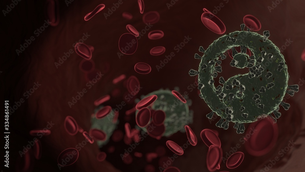 Poster microscopic 3d rendering view of virus shaped as symbol of yin yang inside vein with red blood cells