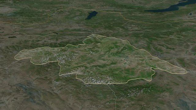 Arhangay, province with its capital, zoomed and extruded on the satellite map of Mongolia in the conformal Stereographic projection. Animation 3D