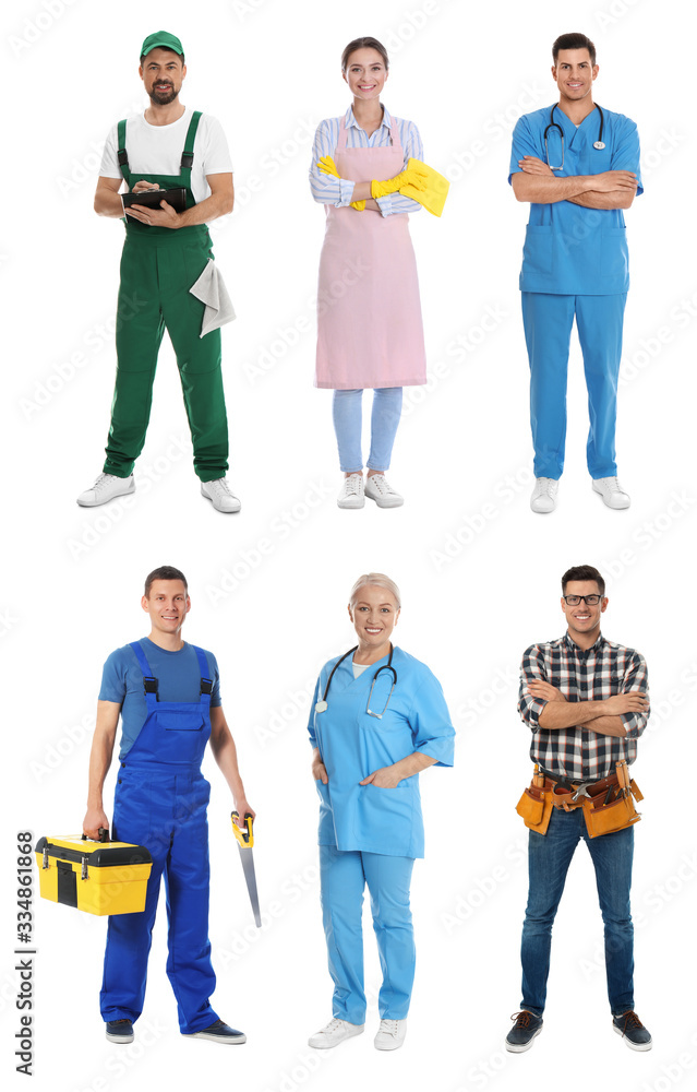 Poster collage with people of different professions on white background