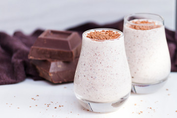 Chocolate chia pudding in glass. Healthy organic snack with omega 3.