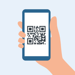 QR code for leaving the house during covid-19 quarantine. Preventive measures for coronavirus. Hand holding a smartphone with a barcode on the screen. Vector illustration