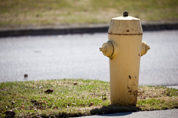 Rusted yellow fire hydrant roadside.