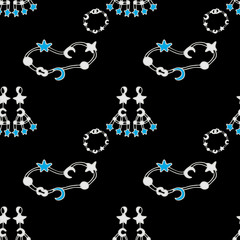 Jewelry in white gold or silver with sapphires. Bracelets, earrings, necklaces with moon and star pendants seamless pattern on black background. Design for wrapping paper, wallpaper, packaging, card.