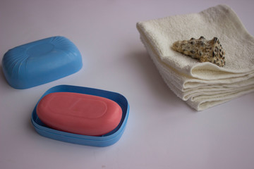 Hand soap is pink and there are towels in the background