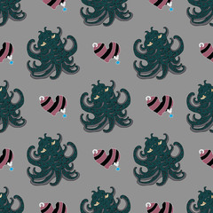Green mighty octopus and striped black and pink heart with ringlets piercing seamless pattern. Design for wrapping paper, wallpaper, packaging, card. Hand drawn cartoon vector illustration.