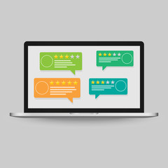 New vector illustration of laptop having customer review notifications with ratings, flat style design Computer display and client feedback or online review, concept of experience, rating, stars
