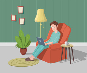 Young man is sitting with a laptop at home. Vector illustration.