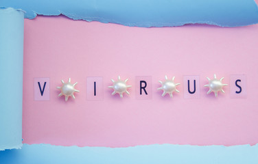 The inscription on a pink background is “virus”, during quarantine - covid, cov-19,...