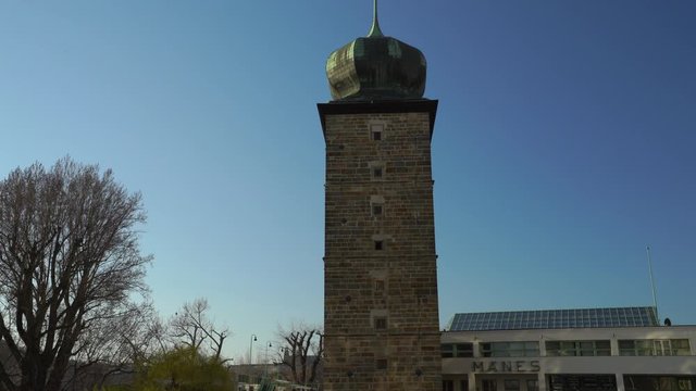 &Scaron;&iacute;tkov water tower at Manes Slovansky island. Tower is cleaning water in Vltava river in Prague. A Famous Landmark of Modernist Bauhaus Style and Functionalism.