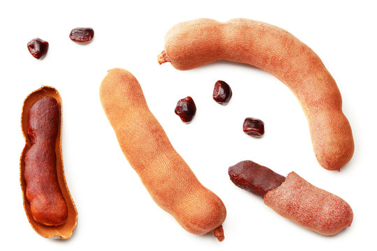fresh tamarind fruits isolated on white background. top view