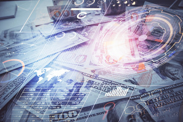 Double exposure of data theme drawing over us dollars bill background. Technology concept.