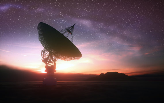 Huge Satellite Antenna Dish For Communication And Signal Reception Out Of The Planet Earth. Observatory Searching For Radio Signal In Space At Sunset.