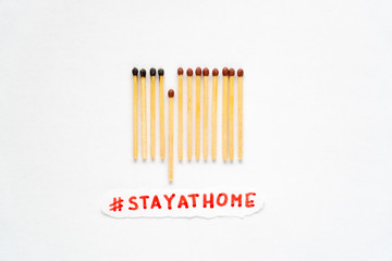 Matchsticks burn, one piece prevents the fire from spreading - the concept of how to stop the coronavirus from spreading: stay at home as #stayathome