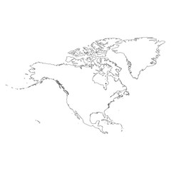 North America thin black outline map. Contour map of continent. Simple flat vector illustration