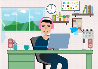 Flat design vector of man doing work at the laptop computer in office.He is sitting on a chair behind computer with picture,clock,lamp,Vector Graphic designer and workplace concept.