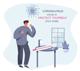 Guy Stay Home,Coronavirus.Protect Yourself.Boy Coughs.Keeping Distance for Decrease Infection Risk For Prevent Virus Covid-19. Stay Home on Quarantine During Coronavirus Epidemic.Vector Illustration