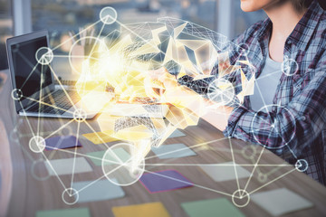 Multi exposure of woman hands working on computer and human brain hologram drawing. Ai tech concept.
