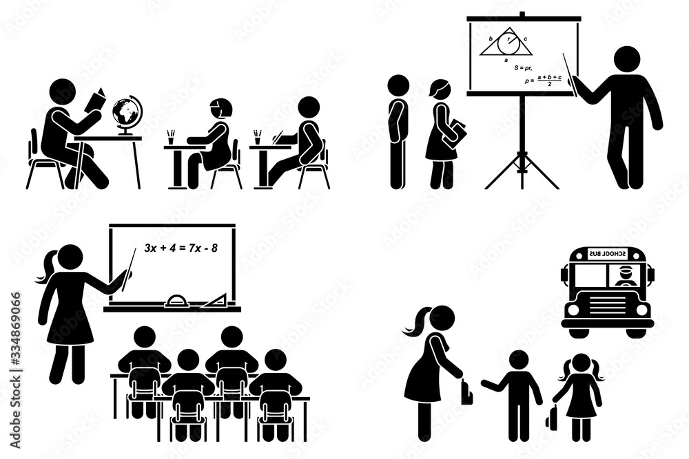 Wall mural Stick figure teacher, school boy, girl, study, learning black silhouette vector icon pictogram. Lecturer at classroom teaching children primary, elementary preschool, education set on white