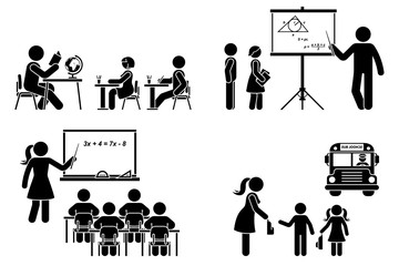 Stick figure teacher, school boy, girl, study, learning black silhouette vector icon pictogram. Lecturer at classroom teaching children primary, elementary preschool, education set on white