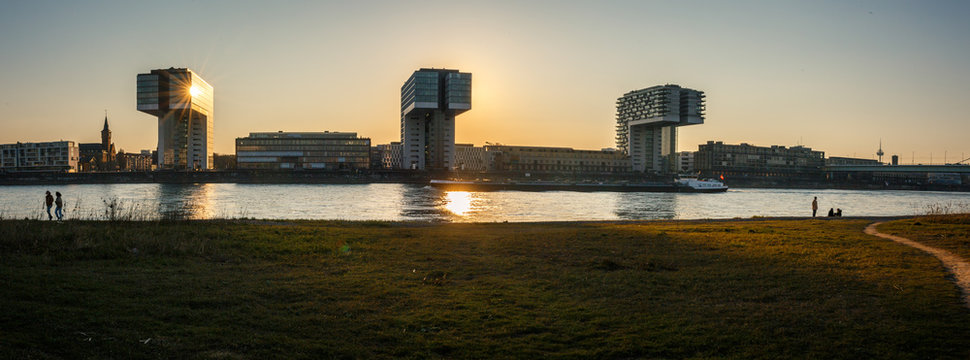Cologne rheinauhafen silhouette on sunset