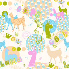 Fototapeta premium seamless pattern with llamas in pink and green colors. fun design for girl