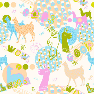 seamless pattern with llamas in pink and green colors. fun design for girl