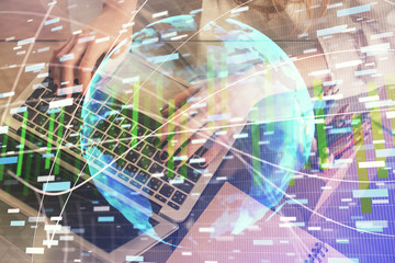 Double exposure of woman hands typing on computer and business theme hologram drawing. Success...