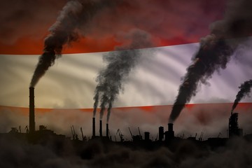 Dark pollution, fight against climate change concept - industrial 3D illustration of industry chimneys heavy smoke on Austria flag background