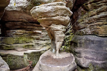 Hen’s Foot Rock in Errant Rocks (Błędne Skały) - a series of gorges, crevices, cracks, shelters and small caves, formed by erosion located in the Table Mountains National Park, Poland