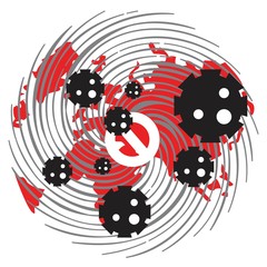 Covid 19. Coronovirus on the Earth. Stop coronovirus in the world, Red map of the world in the virus. Vector, illustration, square   