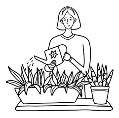 Hand drawn vector illustration in flat style. Pretty woman watering home plants. Favorite home hobby concept. Simple black contour outline graphic picture isolated on white. Cute doodles for design.