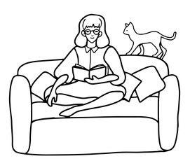 Hand drawn vector illustration. Woman is sitting in a comfortable sofa and reading a book. Favorite home hobby concept. Black outline graphic picture isolated in white. Doodles, flat, simple style.