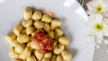 small gnocchi with raw shrimp and peppersmall gnocchi with raw shrimp and pepper